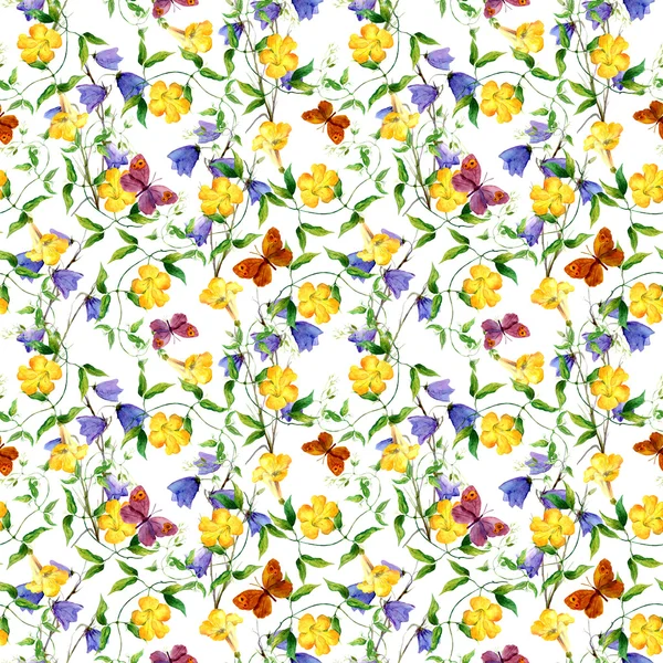 Yellow flower, bluebell, butterflies. Repeating floral pattern — Stock Fotó