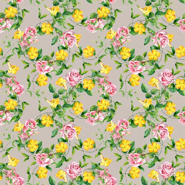 Repeating pattern with yellow flowers and roses, watercolor — Zdjęcie stockowe