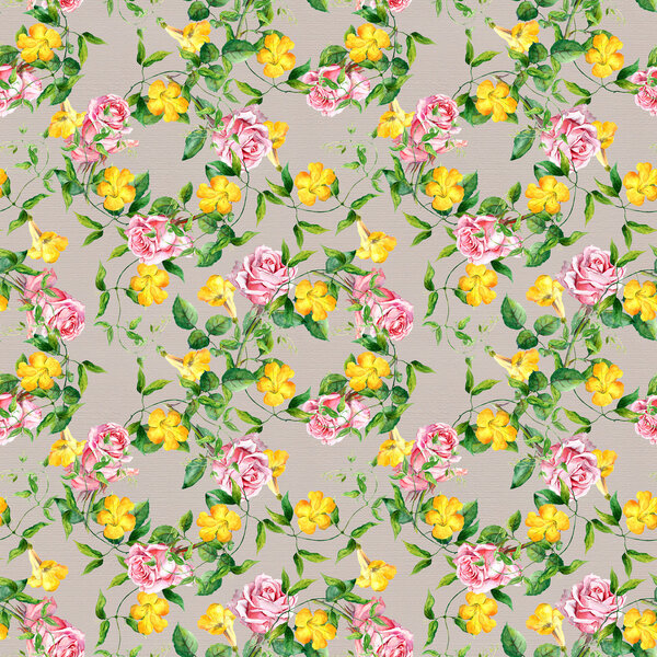 Repeating pattern with yellow flowers and roses, watercolor