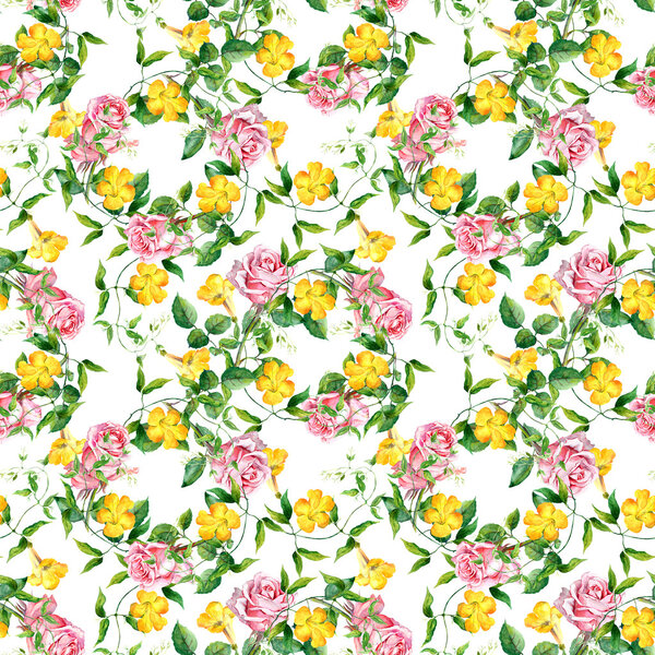 Repeating pattern with yellow flowers and roses, watercolor