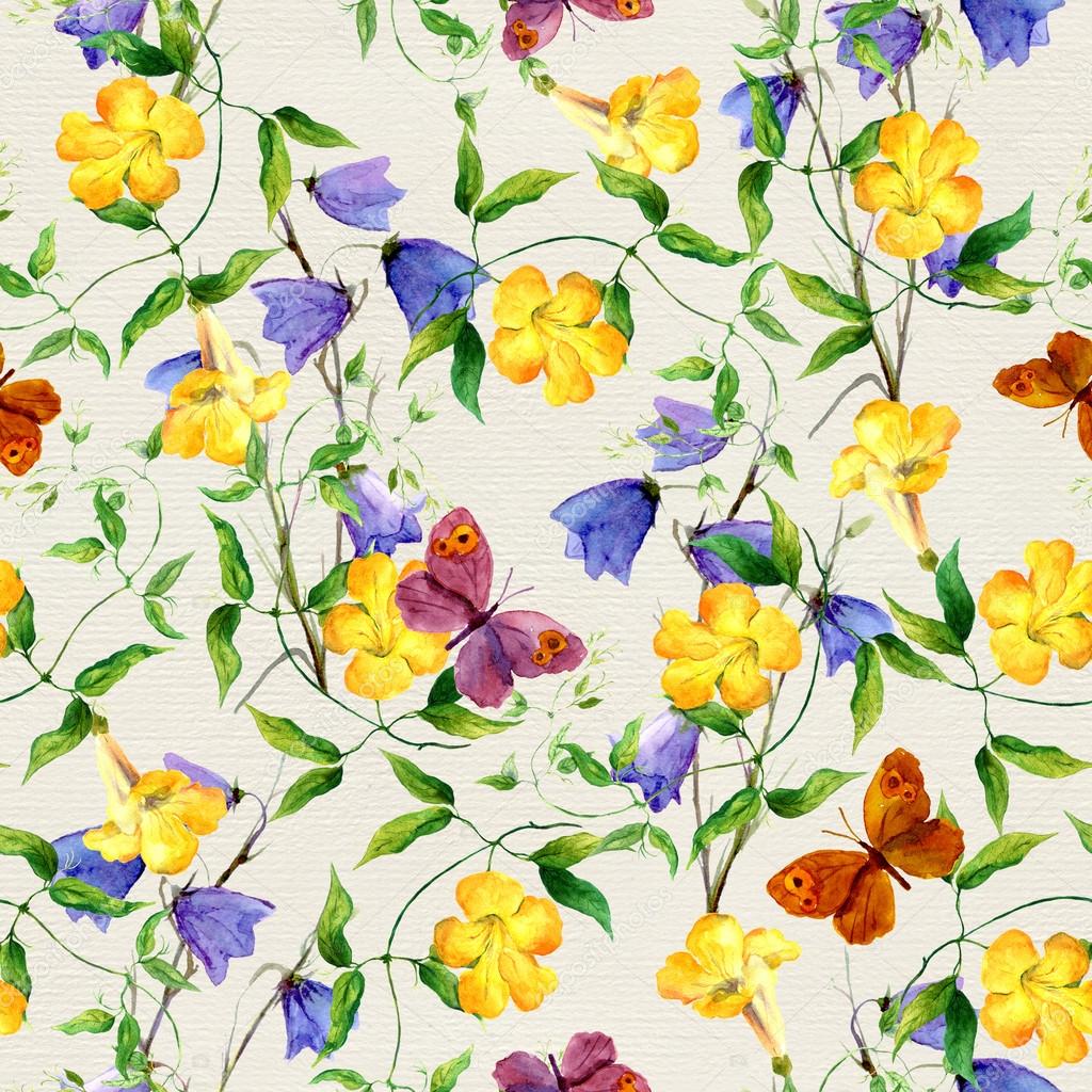 Yellow flower, bluebell, butterflies. Repeating floral pattern