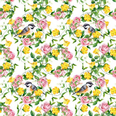 Repeating pattern with yellow flower, bird and rose, watercolor