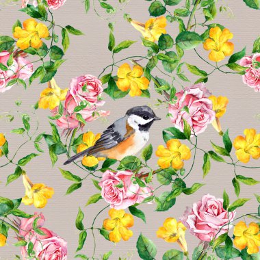 Repeating pattern with yellow flower, bird and rose, watercolor