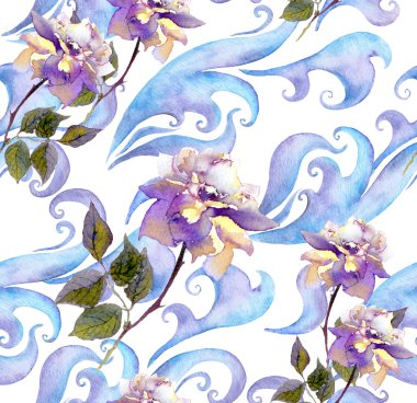 Watercolour design with rose flowers, scrolls and curves