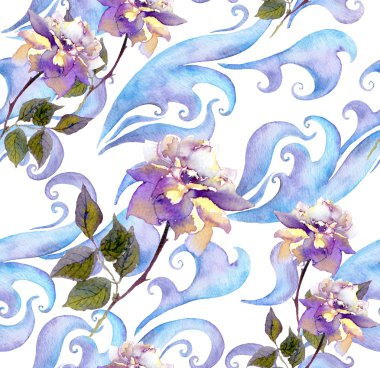 Watercolour design with rose flowers, scrolls and curves clipart