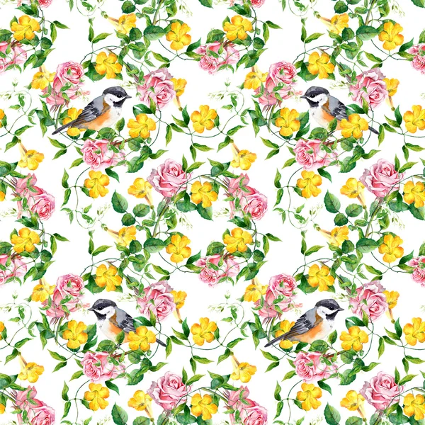 Repeating pattern with yellow flower, bird and rose, watercolor — 图库照片