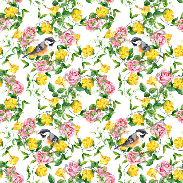 Repeating pattern with yellow flower, bird and rose, watercolor