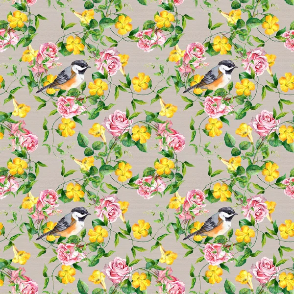 Repeating pattern with yellow flower, bird and rose, watercolor — Zdjęcie stockowe