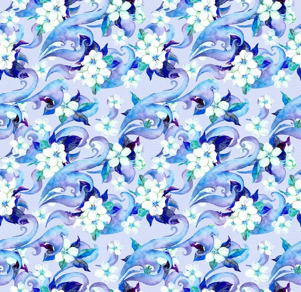 Flowers and decorative ornament. Watercolour seamless pattern