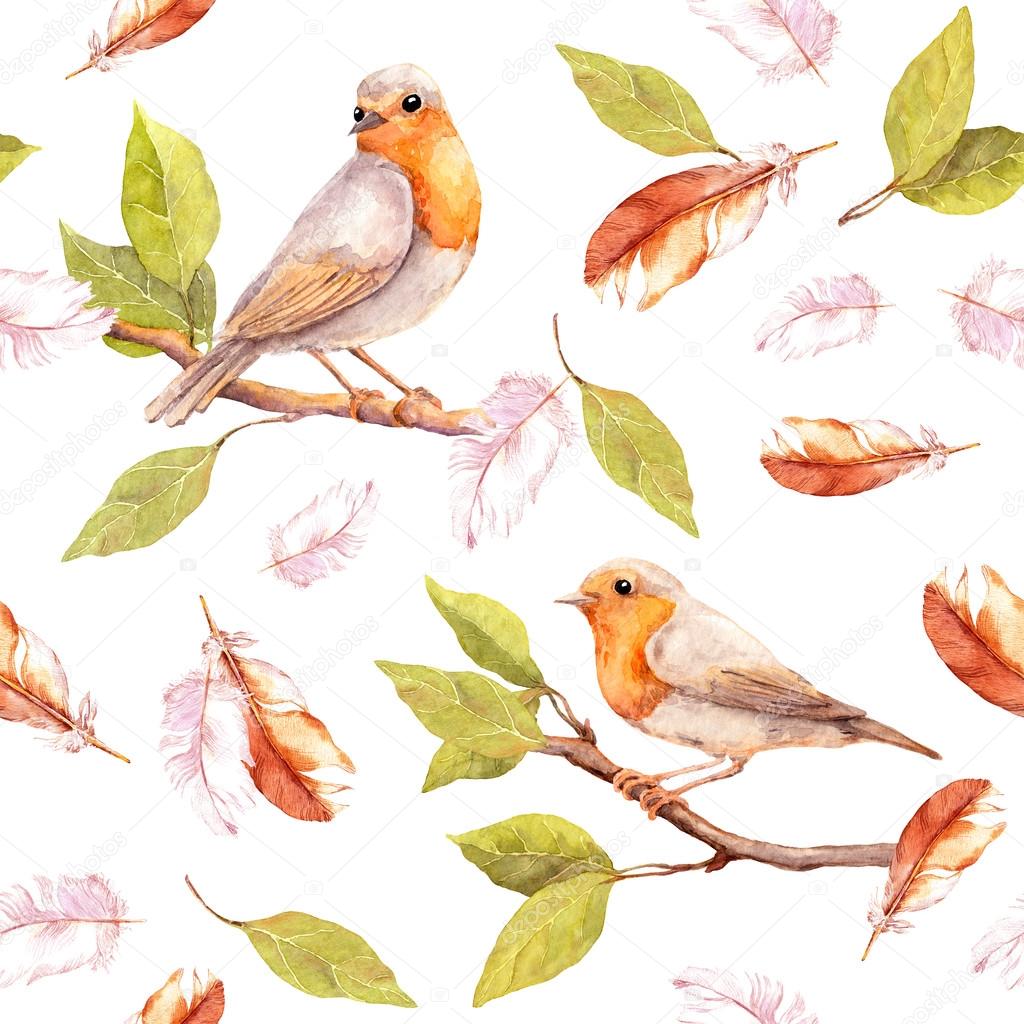 Bird on branch and feathers. Seamless retro watercolor pattern
