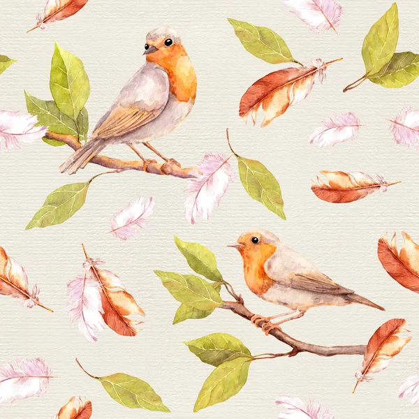 Fågel på gren och fjädrar. Seamless mönster. Akvarell — Stockfoto