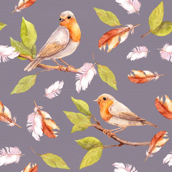 Bird on branch and feathers. Seamless pattern. Watercolor — Stock Photo, Image