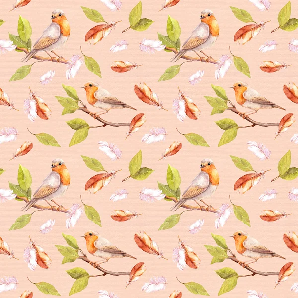 Bird on branch and feathers. Seamless pattern. Watercolor — Stock Photo, Image