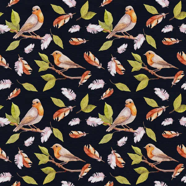 Bird on branch and feathers. Seamless pattern. Watercolor — Stock Photo, Image