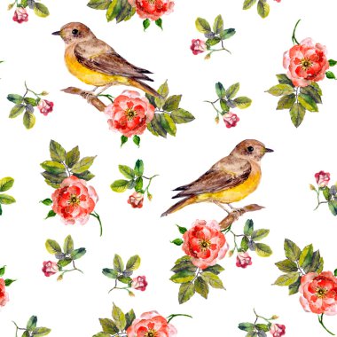 floral seamless backdrop with wild roses and birds, watercolor