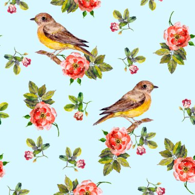 Light blue seamless pattern with dog roses and birds
