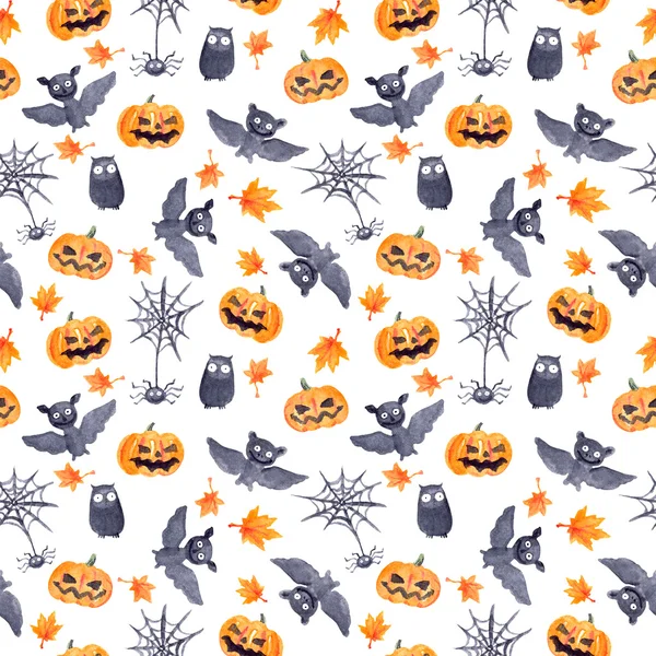 Хэллоуин бесшовный узор с тыквой и летучей мышью, акварелью — стоковое фото