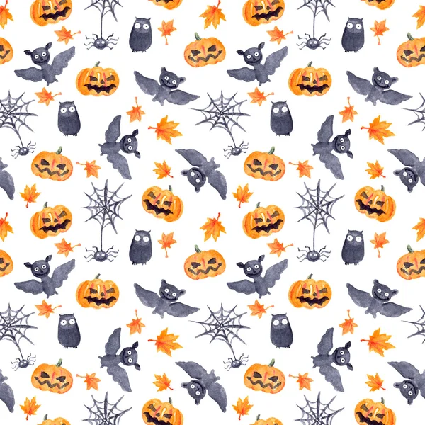 Modello senza cuciture di Halloween con zucca e pipistrello, acquerello — Foto Stock