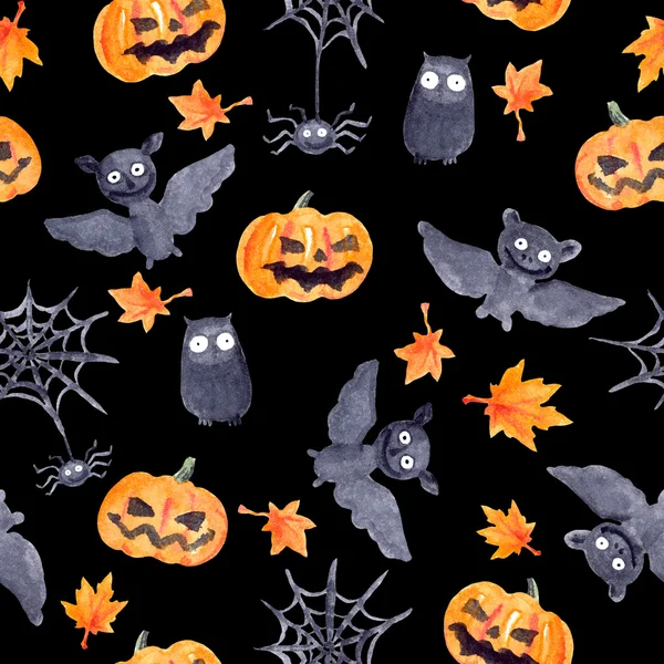 Modello senza cuciture di Halloween con zucca e pipistrello, acquerello — Foto Stock