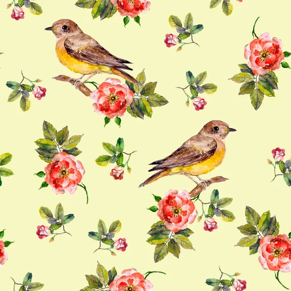 Pretty seamless yellow background with rose flowers and birds — Stock Photo, Image