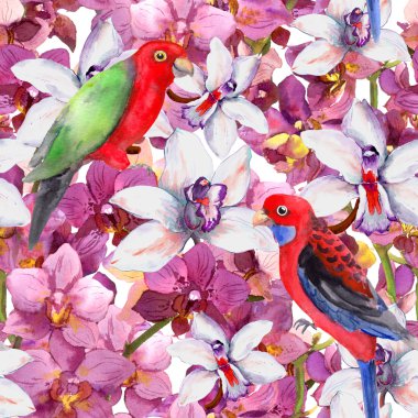 Exotic floral pattern - parrot bird, blooming orchid flowers