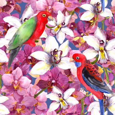 Exotic floral pattern - parrot bird, blooming orchid flowers