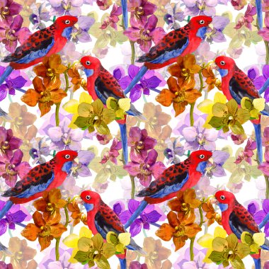 Exotic floral pattern - parrot bird, blooming orchid flowers