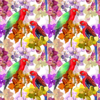 Exotic floral pattern - parrot bird, blooming orchid flowers