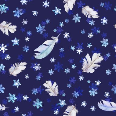 Winter repeated pattern with snow and feathers, watercolor clipart