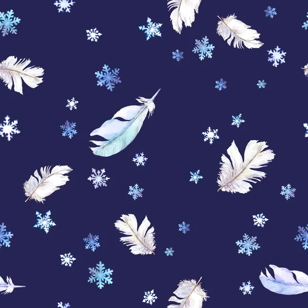Kış kar ve tüyler, suluboya desenle tekrar — Stok fotoğraf