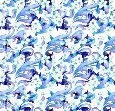 Çiçekler ve Dekoratif süsleme. Suluboya seamless modeli