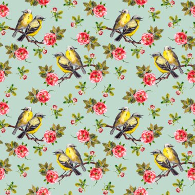 Kuşlar ve gül çiçek kumaş deseni için retro tasarım