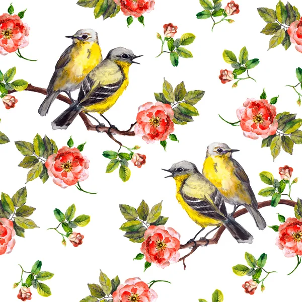 Vintage seamless repeated backdrop with birds in roses — Stock Photo, Image