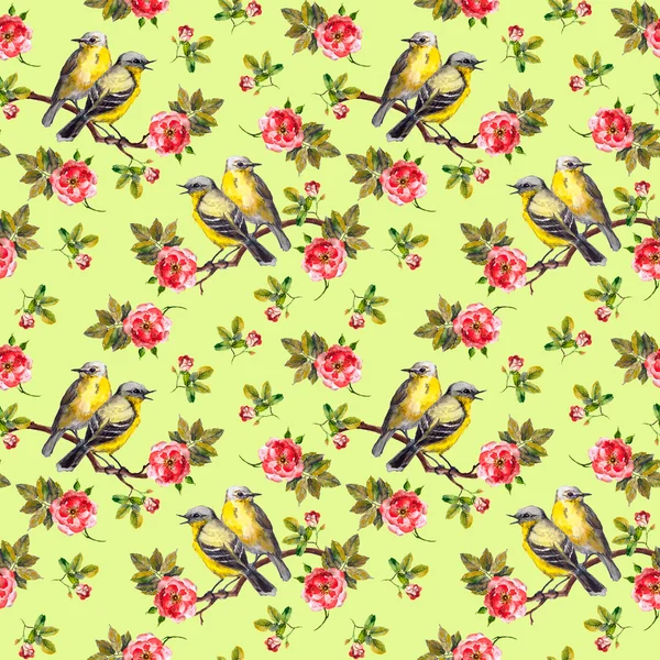 Барвистий лайм весняний безшовний шаблон з квітами і птахами — стокове фото