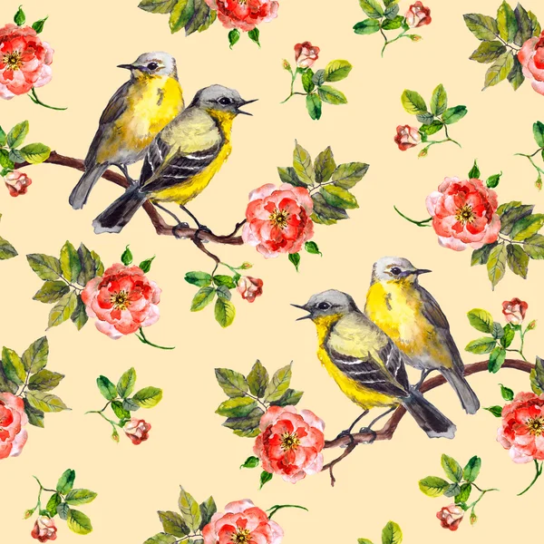 Vintage spring fabric design with retro song birds in wild rose — Stock Photo, Image