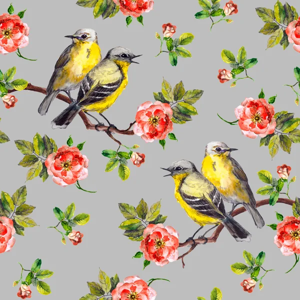 Retro design for fabric pattern with birds and roses — Stock Photo, Image