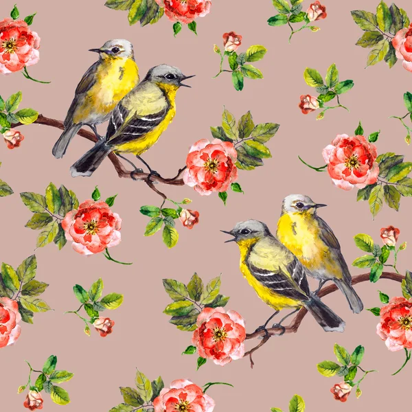 Seamless tiled template - birds in roses on brown background — Stock Photo, Image