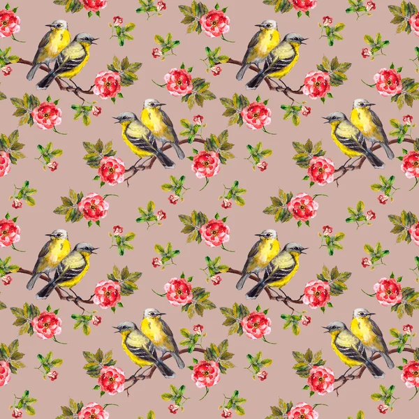 Brown patterned template with wild roses and birds — Stock Photo, Image