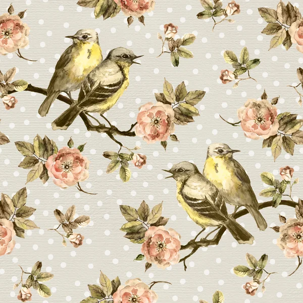 Vintage seamless background with retro birds in the garden — Stock Photo, Image