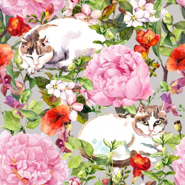Çim ve çiçek yalan kediler. Vintage çiçek seamless modeli. Suluboya