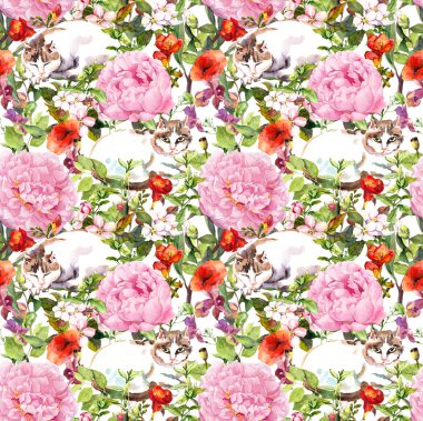 Cat sleeping in grass and flowers. Floral seamless pattern