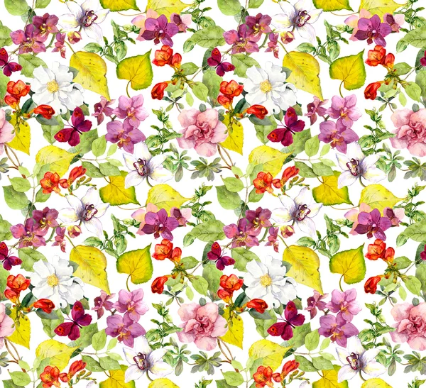 Bright autumn seamless pattern. Yellow leaves and flowers — Zdjęcie stockowe