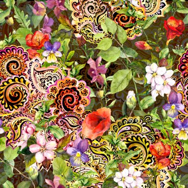 Seamless vintage floral background with flowers and decorative eastern ornament. Watercolor