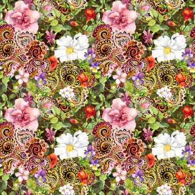 Seamless vintage floral background with flowers and decorative eastern ornament. Watercolor