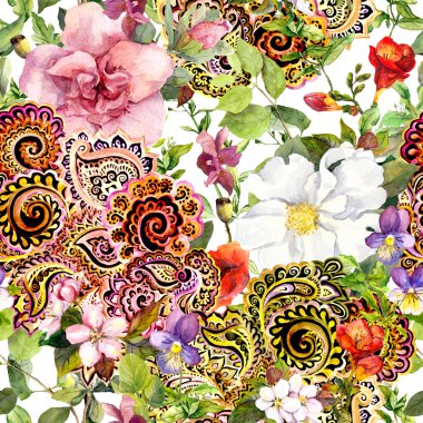 Seamless vintage floral background with flowers and decorative eastern ornament. Watercolor