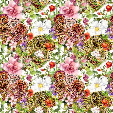Seamless vintage floral background with flowers and decorative eastern ornament. Watercolor