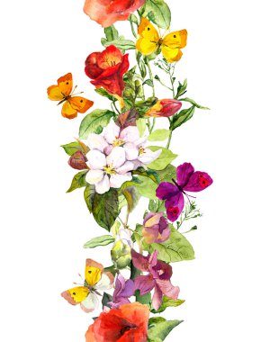 Summer flowers, wild grass and butterflies. Repeating vintage floral banner, frame. Watercolor strip for fashion design