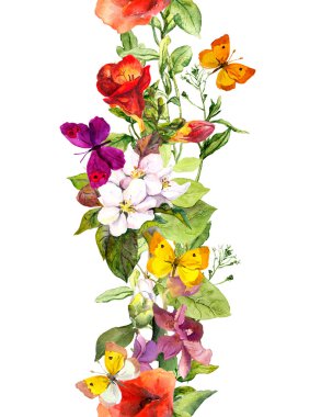 Summer meadow flowers and butterflies. Ditsy repeating floral border frame. Watercolor stripe