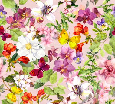 Summer flowers and butterflies. Ditsy vivid floral pattern. Watercolor