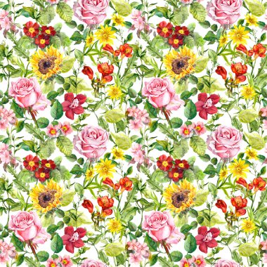 Çayır çiçekler, yaz otlar. Sorunsuz çiçek desenli. Suluboya